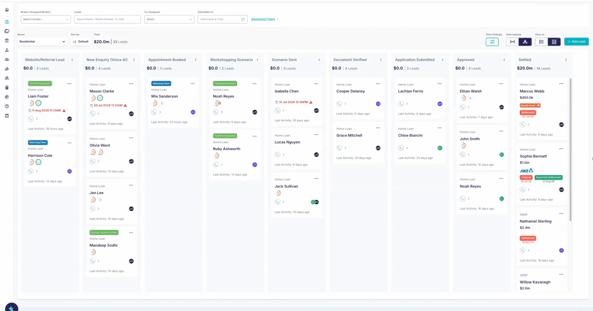 Broker CRM pipeline showing every deal in progress